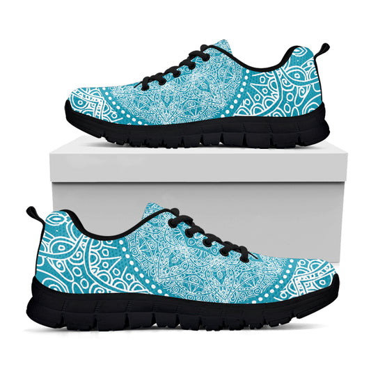 Teal And White Mandala Print Black Sneakers