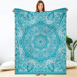 Teal And White Mandala Print Blanket