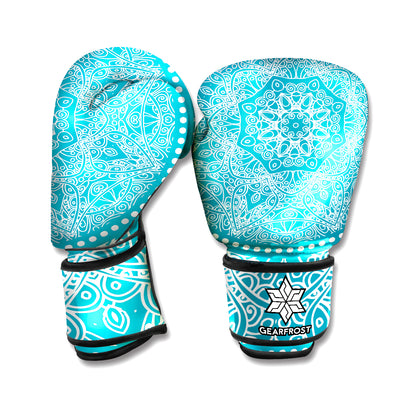 Teal And White Mandala Print Boxing Gloves