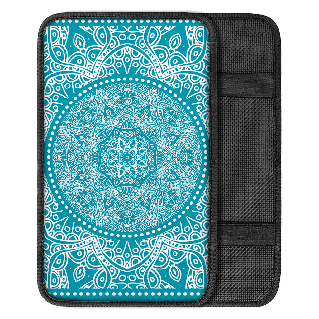 Teal And White Mandala Print Car Center Console Cover