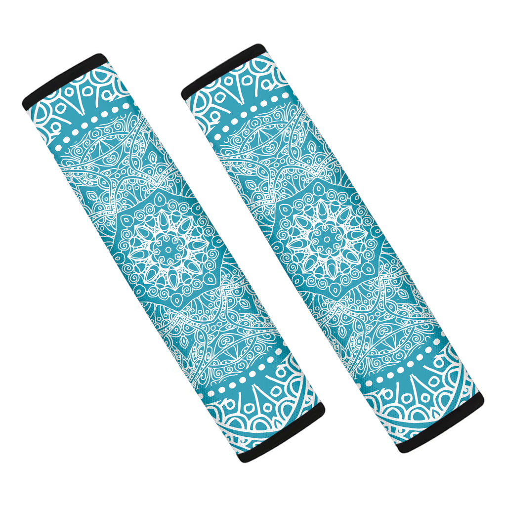 Teal And White Mandala Print Car Seat Belt Covers