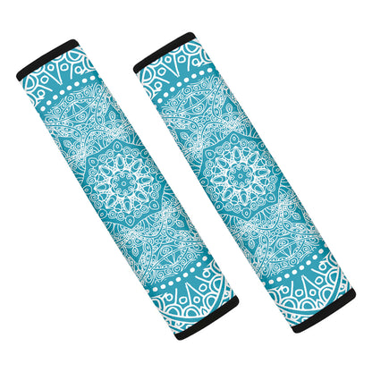 Teal And White Mandala Print Car Seat Belt Covers