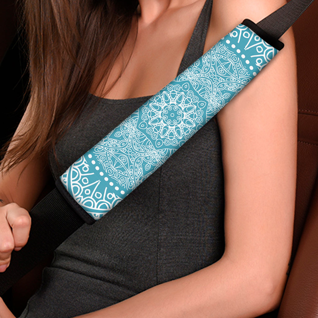Teal And White Mandala Print Car Seat Belt Covers