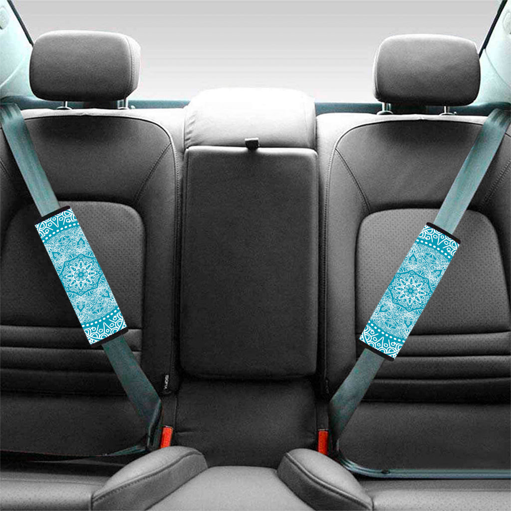 Teal And White Mandala Print Car Seat Belt Covers