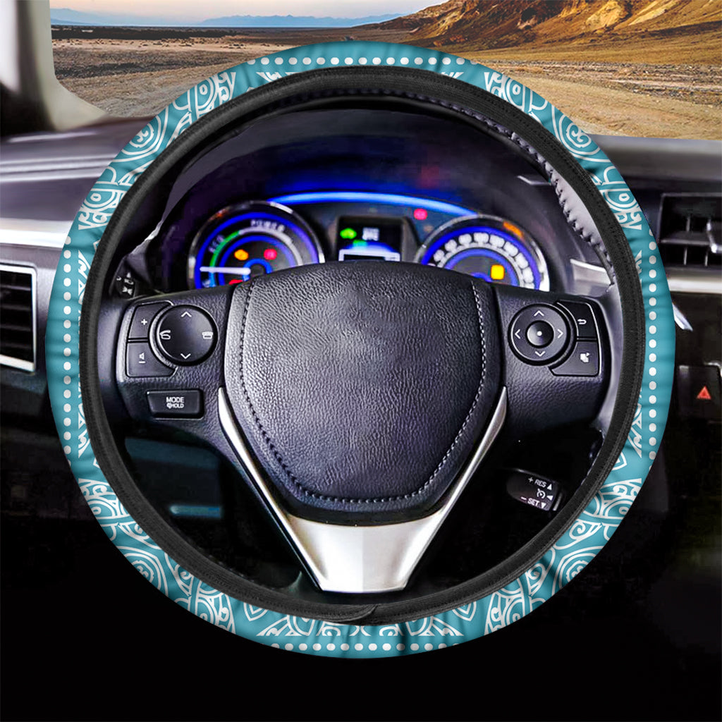 Teal And White Mandala Print Car Steering Wheel Cover