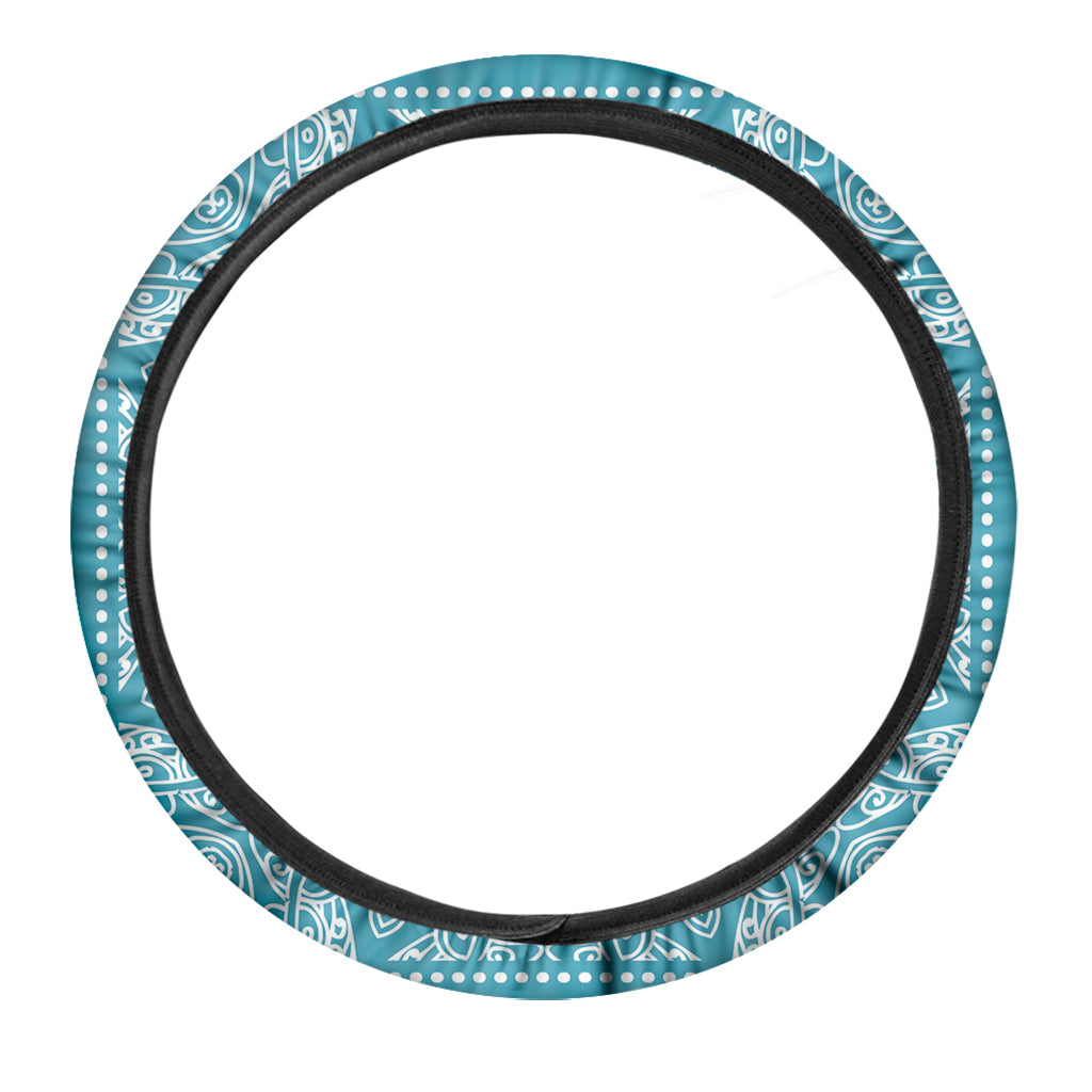 Teal And White Mandala Print Car Steering Wheel Cover