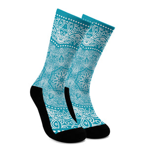 Teal And White Mandala Print Crew Socks