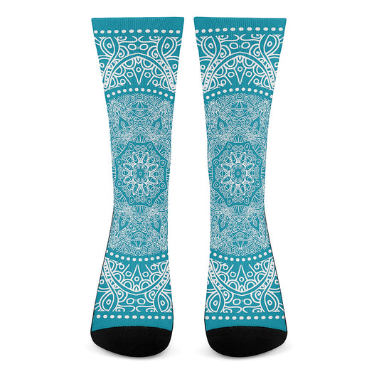 Teal And White Mandala Print Crew Socks