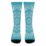 Teal And White Mandala Print Crew Socks