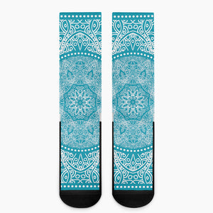 Teal And White Mandala Print Crew Socks