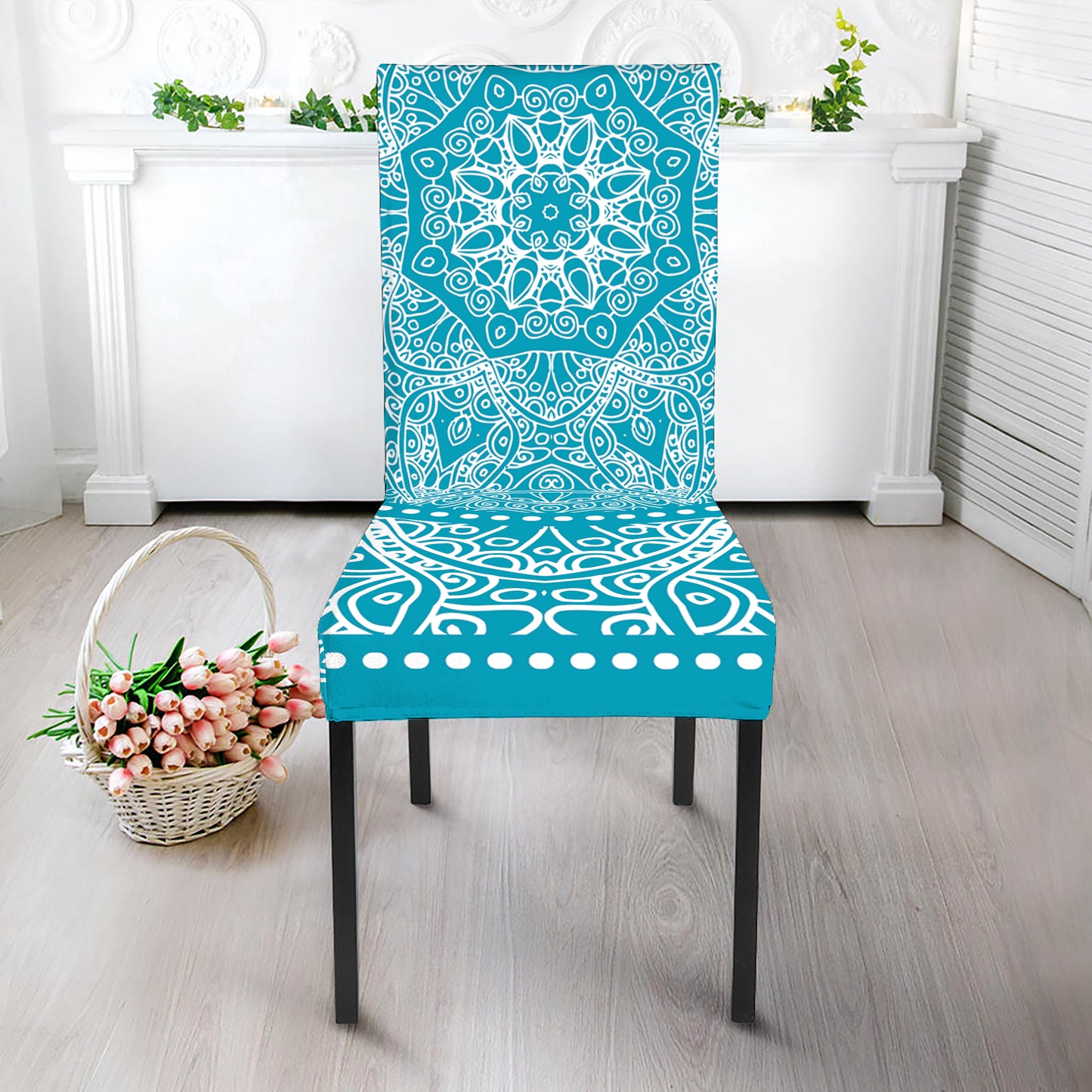Teal And White Mandala Print Dining Chair Slipcover