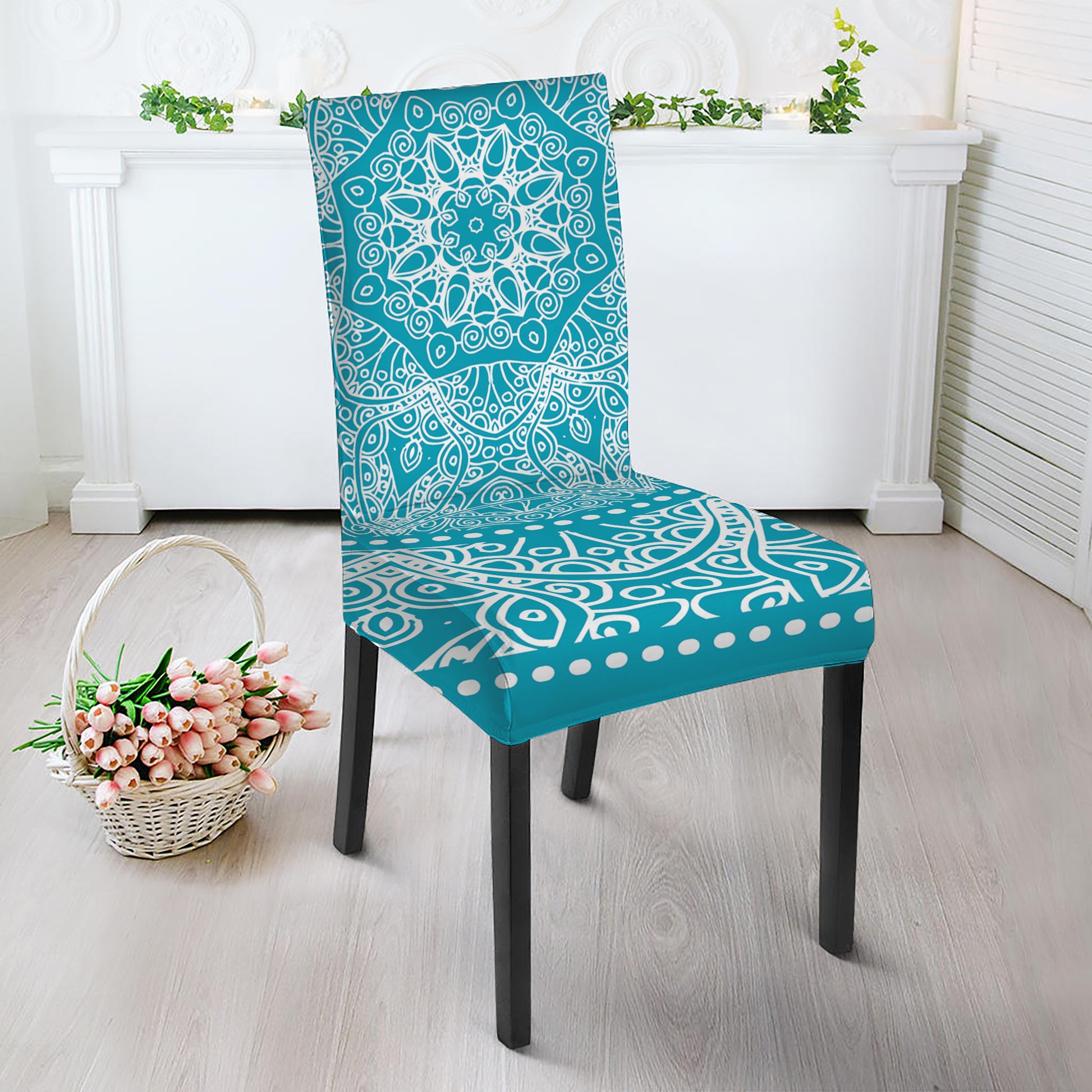 Teal And White Mandala Print Dining Chair Slipcover