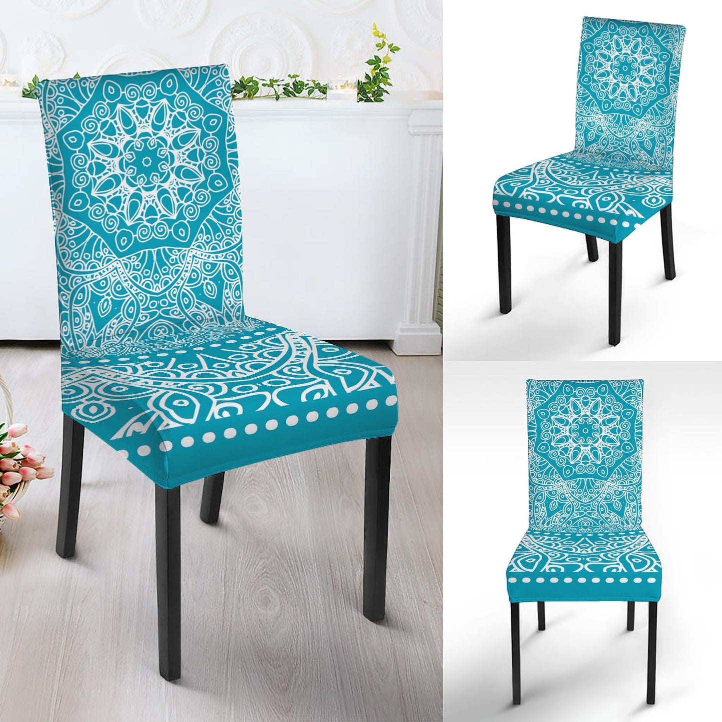 Teal And White Mandala Print Dining Chair Slipcover