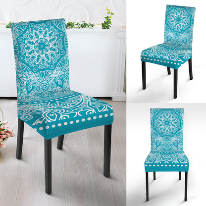 Teal And White Mandala Print Dining Chair Slipcover