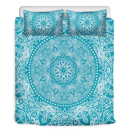 Teal And White Mandala Print Duvet Cover Bedding Set