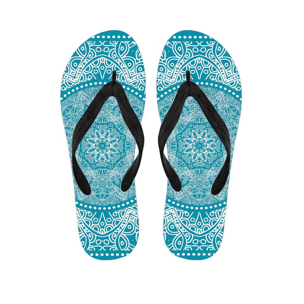 Teal And White Mandala Print Flip Flops