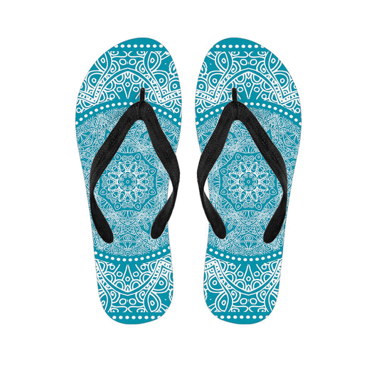 Teal And White Mandala Print Flip Flops