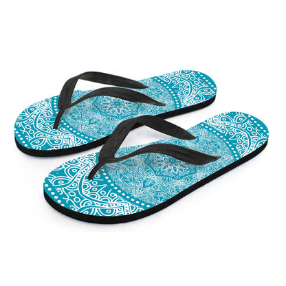 Teal And White Mandala Print Flip Flops