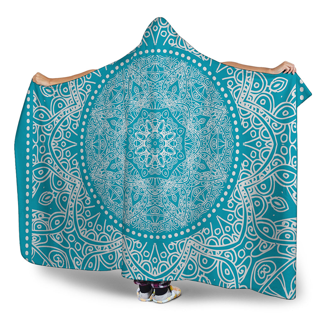 Teal And White Mandala Print Hooded Blanket