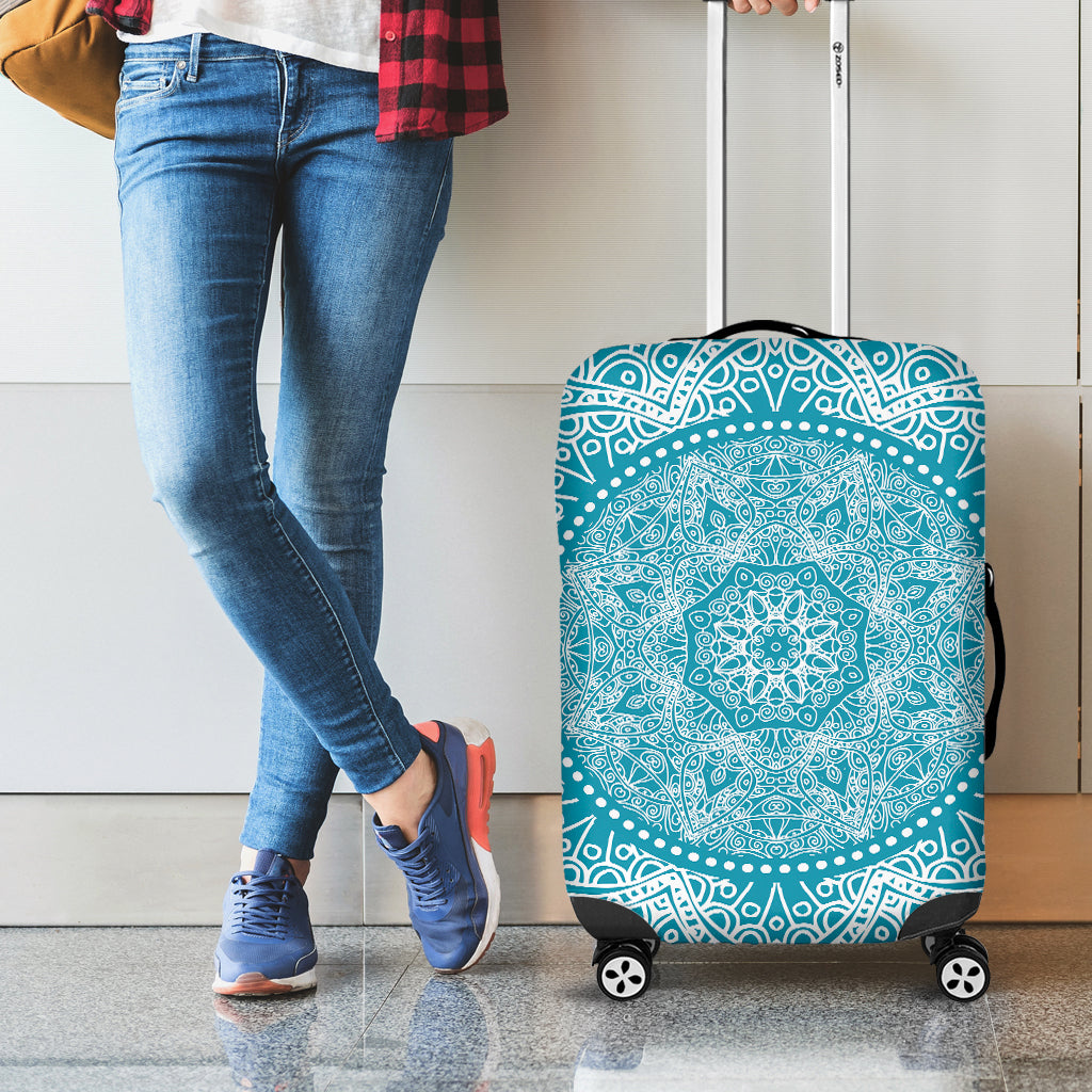 Teal And White Mandala Print Luggage Cover