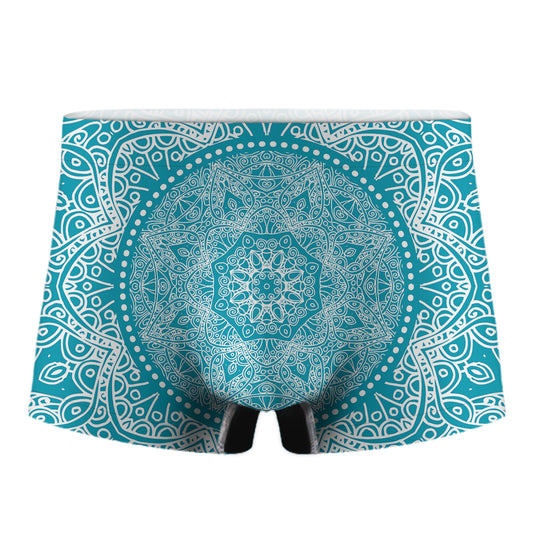 Teal And White Mandala Print Men's Boxer Briefs