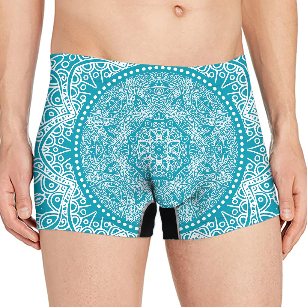 Teal And White Mandala Print Men's Boxer Briefs