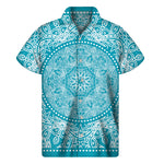 Teal And White Mandala Print Men's Short Sleeve Shirt