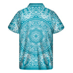 Teal And White Mandala Print Men's Short Sleeve Shirt