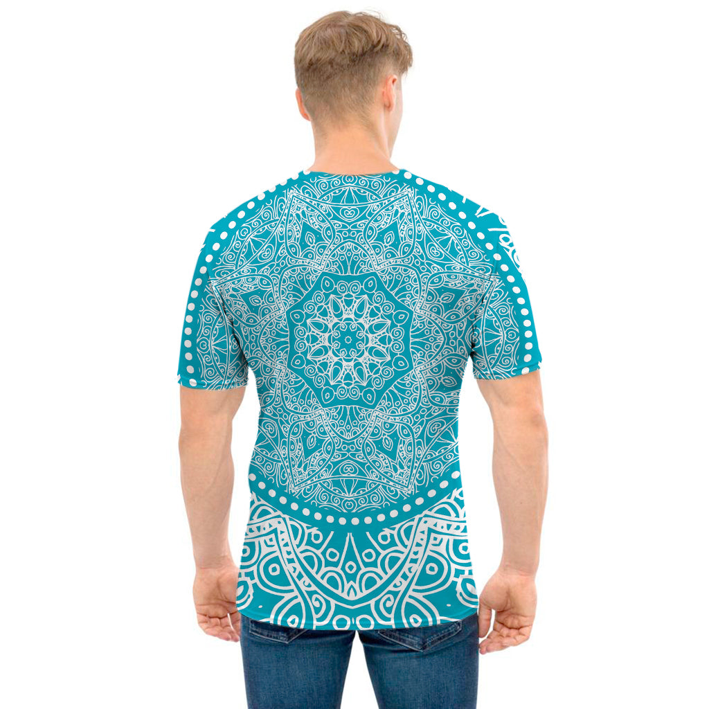 Teal And White Mandala Print Men's T-Shirt