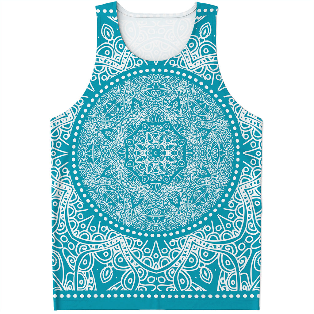 Teal And White Mandala Print Men's Tank Top