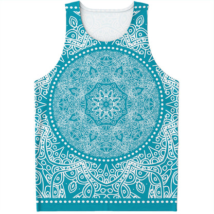 Teal And White Mandala Print Men's Tank Top