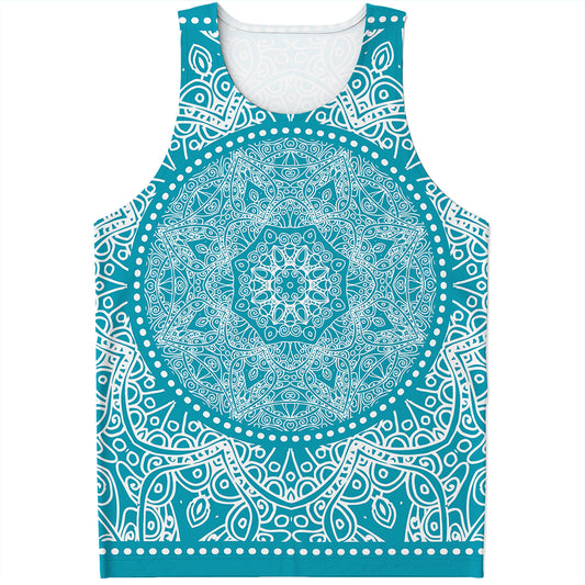 Teal And White Mandala Print Men's Tank Top