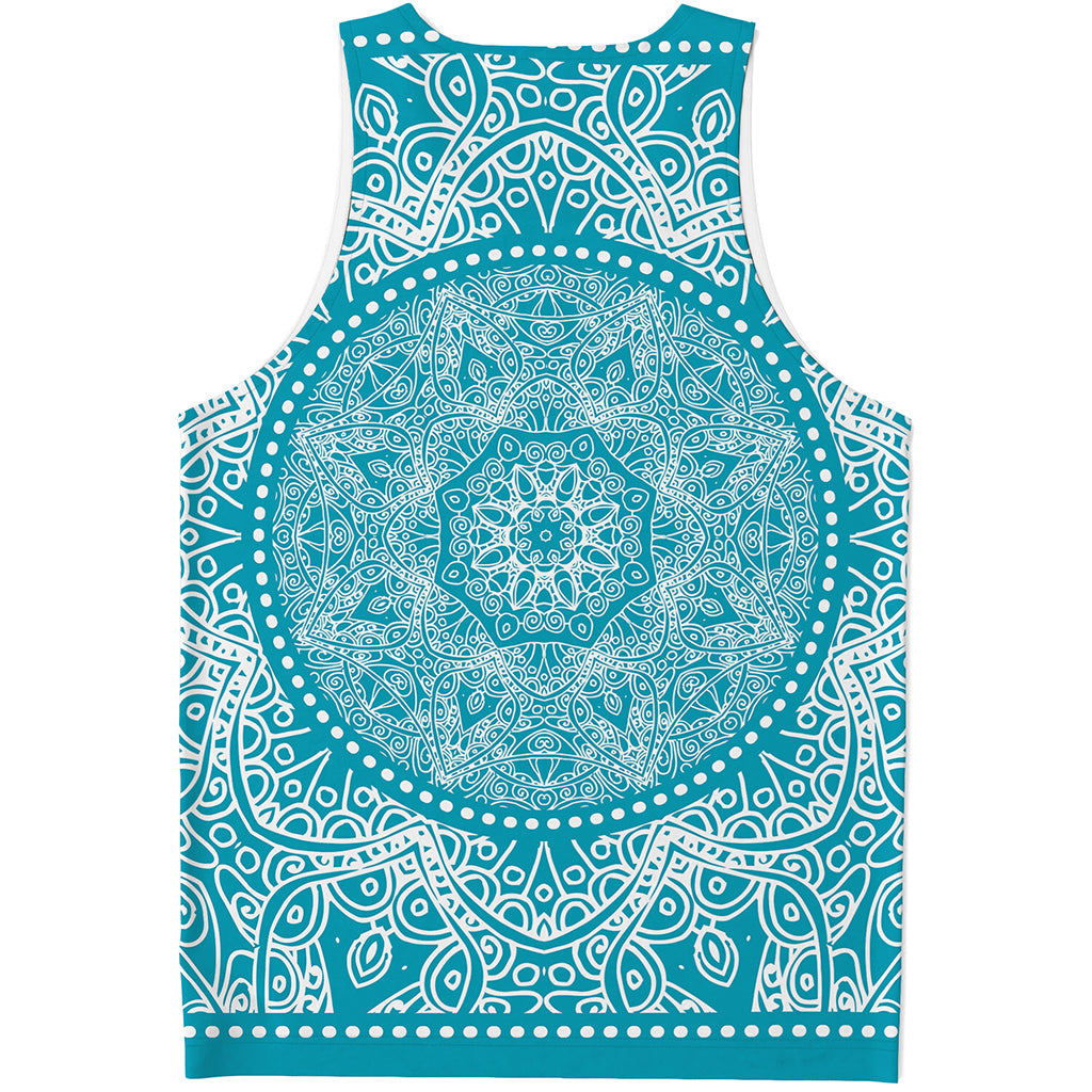 Teal And White Mandala Print Men's Tank Top