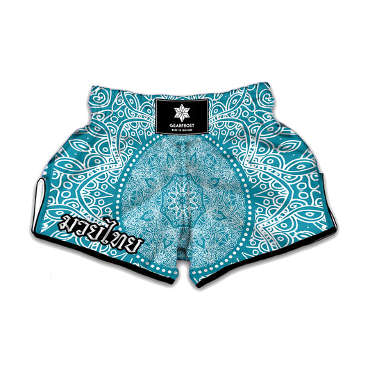 Teal And White Mandala Print Muay Thai Boxing Shorts