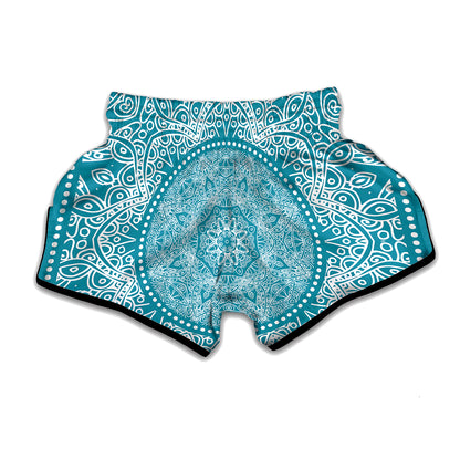 Teal And White Mandala Print Muay Thai Boxing Shorts