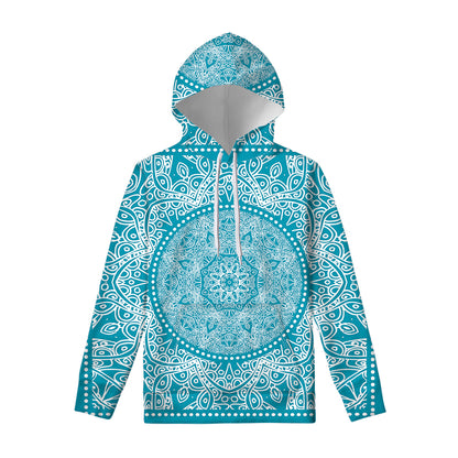 Teal And White Mandala Print Pullover Hoodie