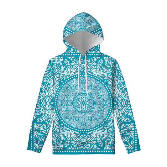 Teal And White Mandala Print Pullover Hoodie