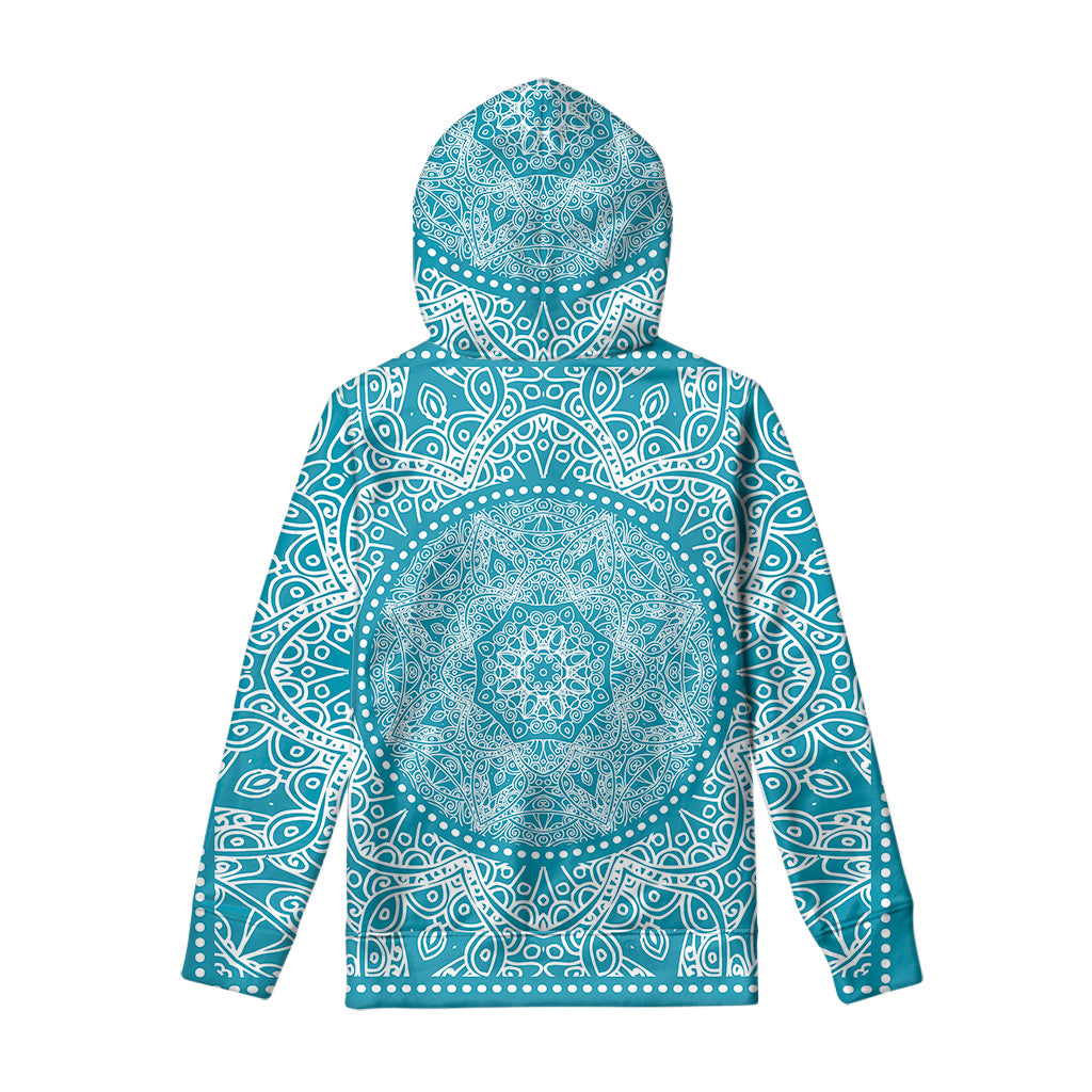 Teal And White Mandala Print Pullover Hoodie