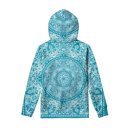 Teal And White Mandala Print Pullover Hoodie