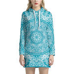 Teal And White Mandala Print Pullover Hoodie Dress