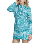 Teal And White Mandala Print Pullover Hoodie Dress