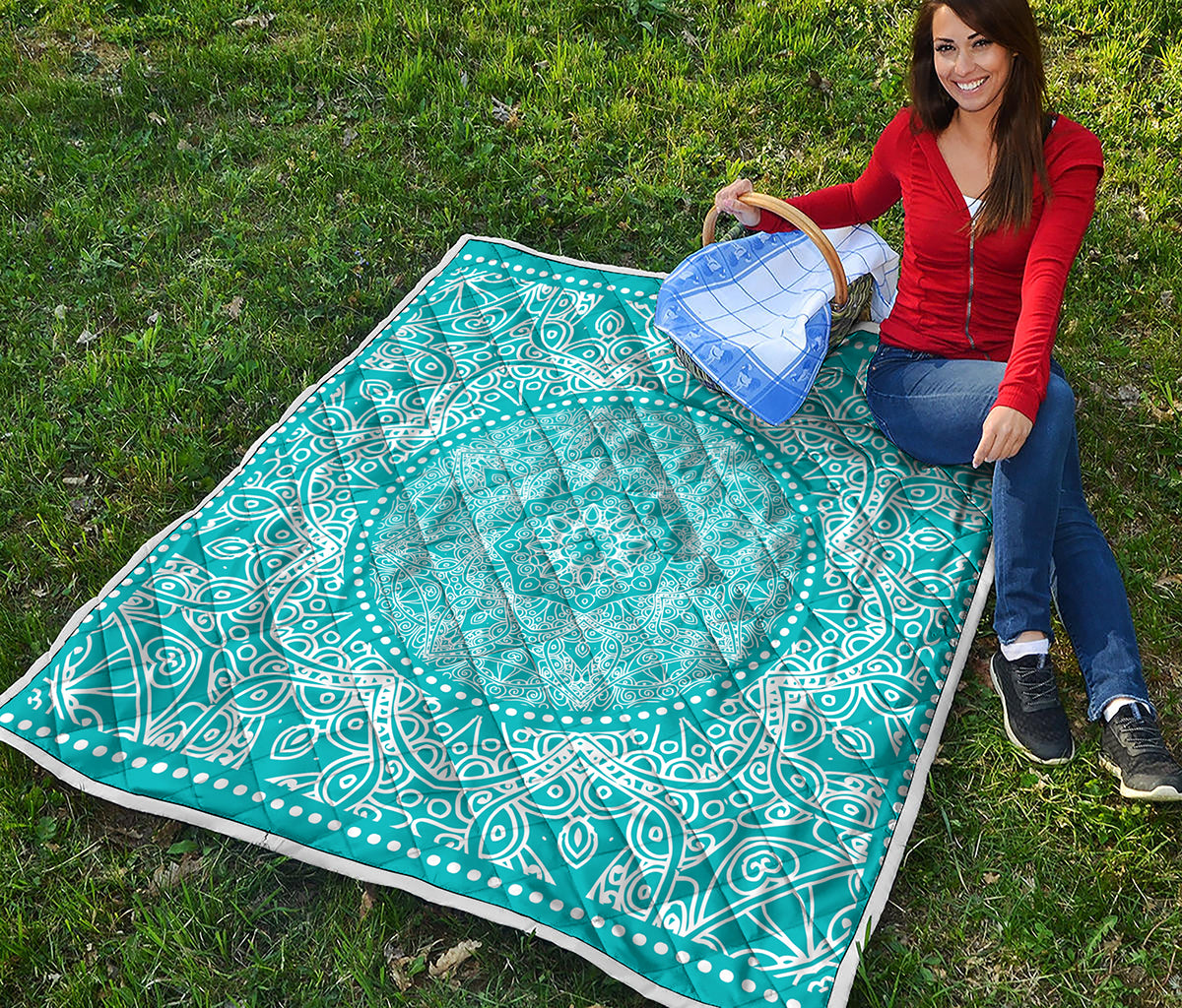 Teal And White Mandala Print Quilt