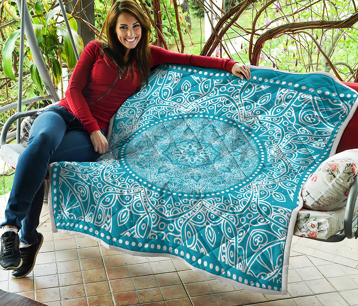 Teal And White Mandala Print Quilt