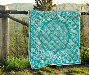 Teal And White Mandala Print Quilt