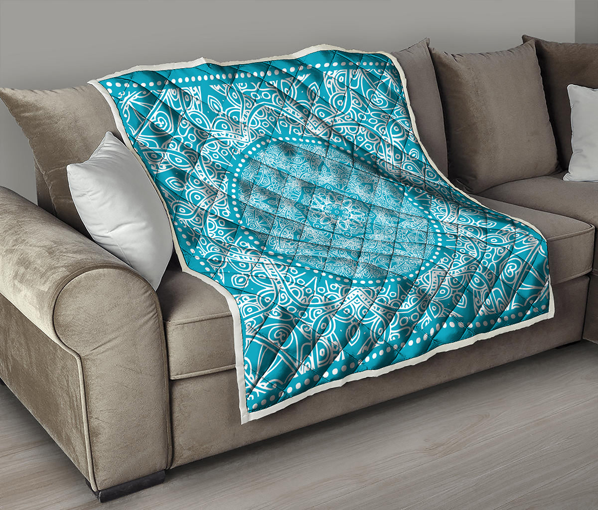 Teal And White Mandala Print Quilt