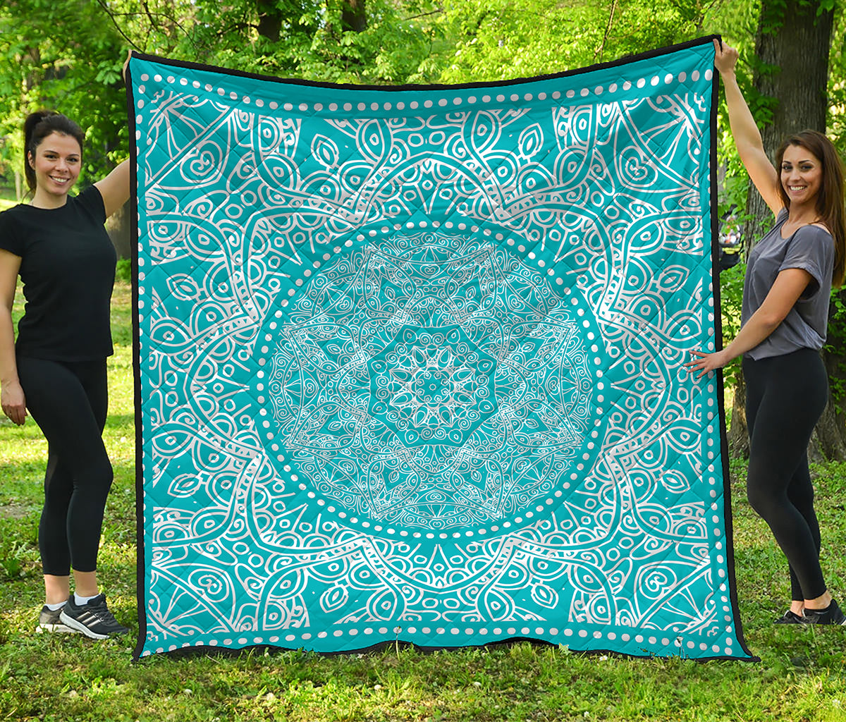 Teal And White Mandala Print Quilt