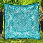 Teal And White Mandala Print Quilt