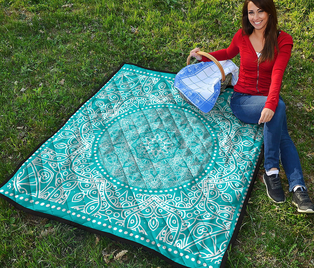 Teal And White Mandala Print Quilt