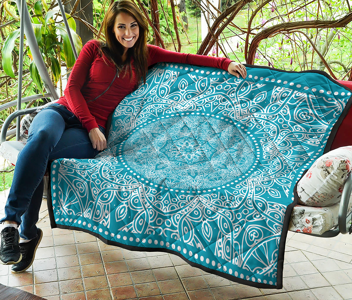 Teal And White Mandala Print Quilt