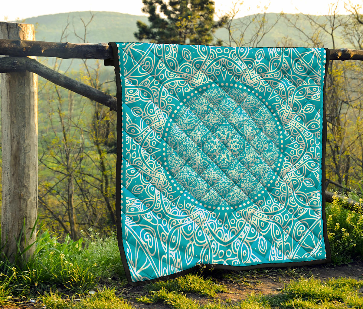 Teal And White Mandala Print Quilt